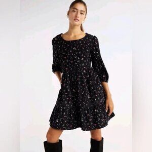 Black Floral Corduroy A-line 3/4 Sleeve Dress M